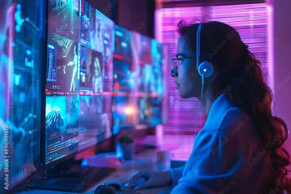 Poster focused woman working on multiple screens with neon lights, analyzing data and graphics in a modern 