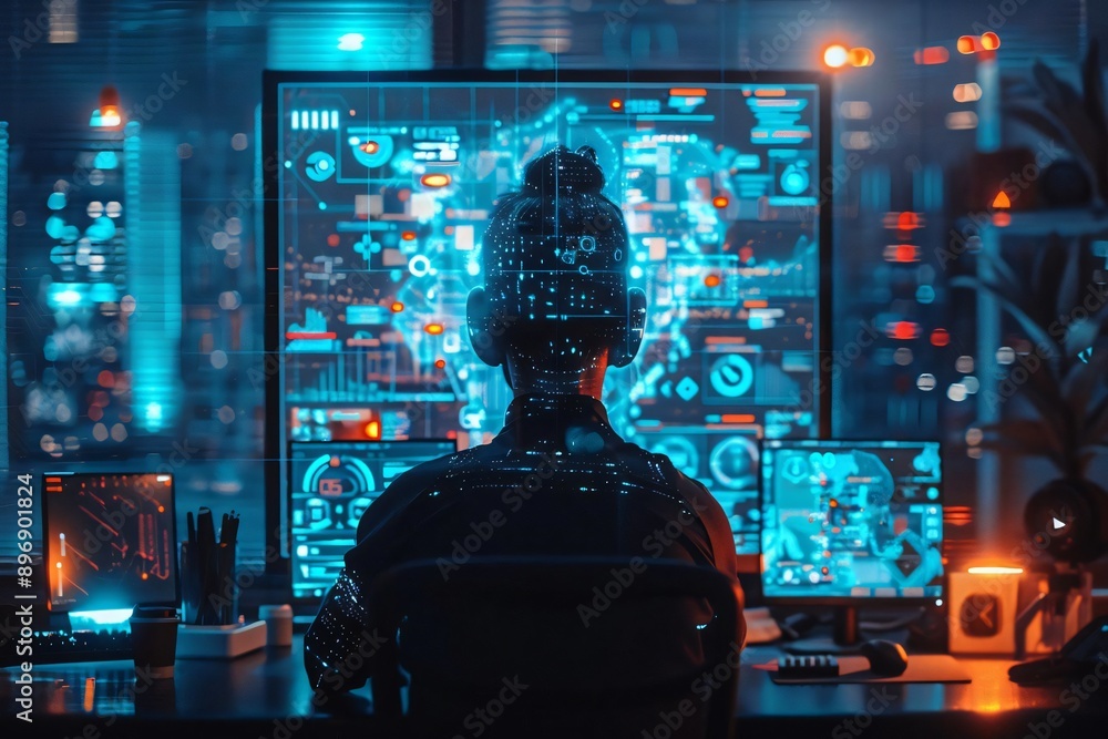 Poster a person interacts with high-tech screens in a modern workspace, immersed in digital technology and 