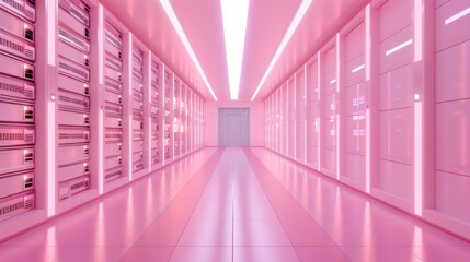 Fototapeta premium A delightful 3D blender minimalist depiction of a data center, captured from a fresh perspective. The illustration showcases compact server units with illuminated panels, arranged in an orderly