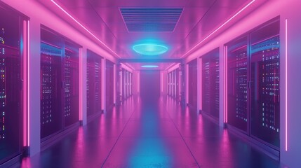 Fototapeta premium A playful 3D blender minimalist render of a data center, shown from an interesting perspective. The illustration features streamlined server cabinets with gentle, pulsating lights, arranged in a