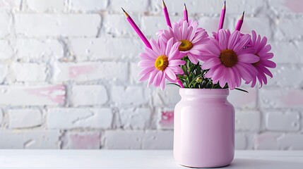 Pink stationery with pencil holder scandinavian vase with purple daisies on white table and brick wall background