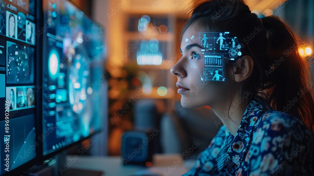 Aufkleber a focused woman interacts with advanced technology, showcasing digital interfaces and data projectio