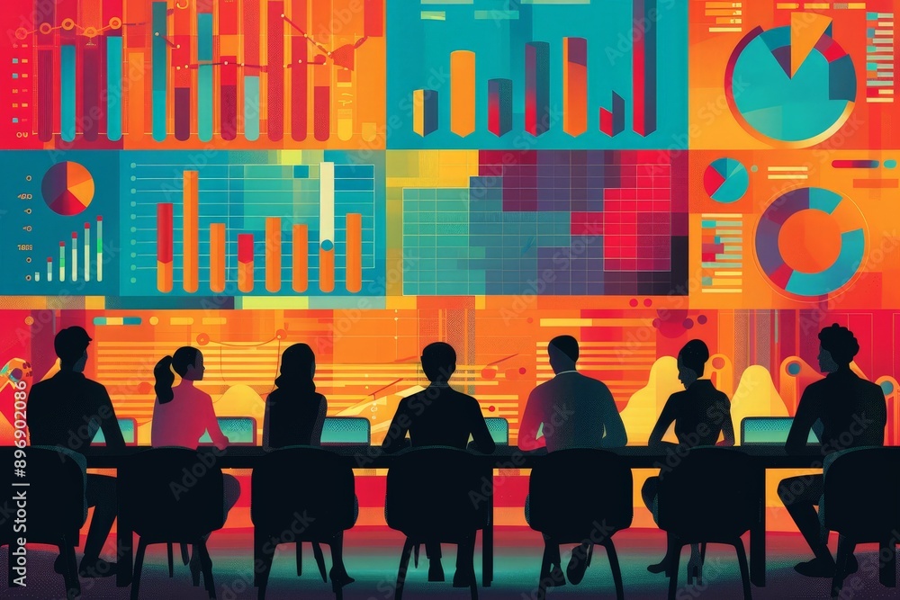 Poster strategic meeting with vibrant data visualizations and digital dashboards in flat style