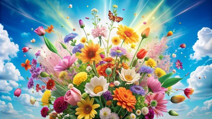 Whimsical digital artwork featuring vibrant Spring flowers bursting into explosion in soft pastel blue cloud-filled sky, exuding love and joy.
