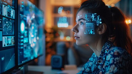A focused woman interacts with advanced technology, showcasing digital interfaces and data projections in a modern workspace.