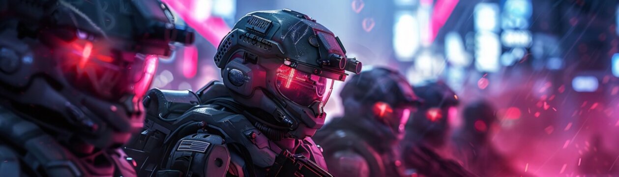 A group of futuristic soldiers in high-tech armor, illuminated by red lights, ready for action in a vibrant sci-fi environment.