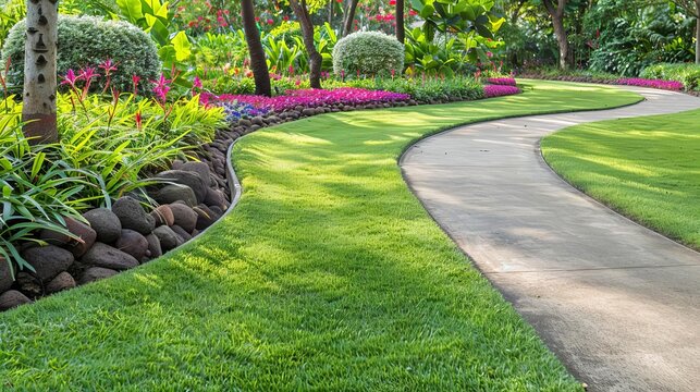 Curved concrete path through a landscaped garden with wellkept grass and vibrant flower borders