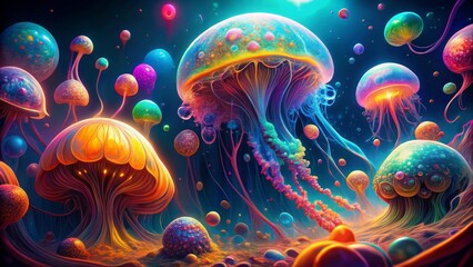 Naklejka premium Vibrant, surreal illustration of glowing, otherworldly organisms suspended in a swirling, neon-lit liquid, evoking a sense of unease and wonder.
