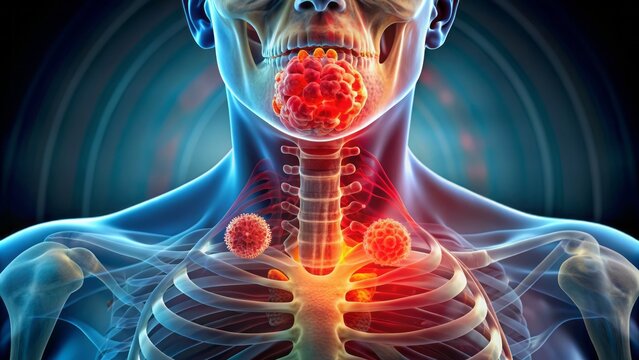 Macro shot of inflamed red throat, open mouth, and skeleton neck anatomy, highlighting symptoms of severe flu and infection.