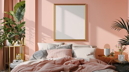 Elegant bedroom with peach walls, a blank gold mockup frame, and modern decor.