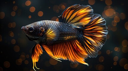 black and gold fish with its head tilted to the side, on a black background