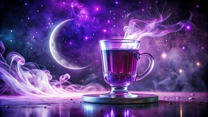 Vibrant glowing purple drink radiates an ethereal aura amidst swirling mist, crescent moonbeams, and hypnotic, dreamlike illumination.