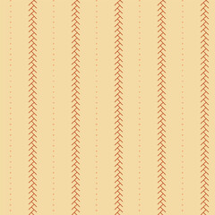 Seamless pattern with vertical orange zigzag stitches and dotted lines on light yellow background