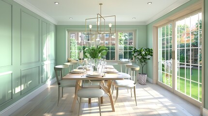 Fototapeta premium Elegant dining area with mint green walls, light wood furniture, and white table setting. Sunlit space with large glass doors to the garden.