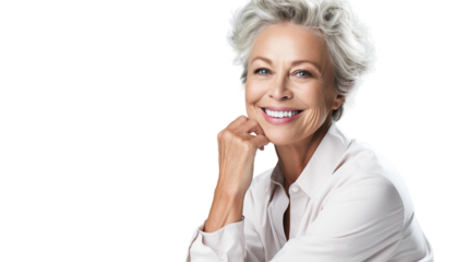Middle aged caucasian woman posing and look to the camera, isolated on transparent background. 