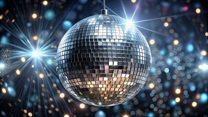 Sparkling silver sphere adorned with intricately arranged mirror tiles, radiating flashes of light, suspended in a dark mysterious background atmosphere.