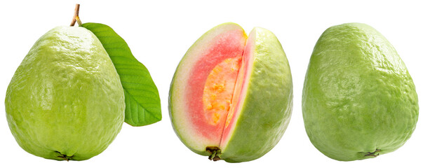 Fresh Red Guava fruit on white background.Whole fresh Guava, cut into halves Sweet Guava fruit with leaf isolate on white with clippingpath.