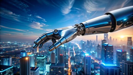 Robotic silver arm extends to greet futuristic blue circuitry limb against blurred cityscape with neon lights and sleek skyscrapers.