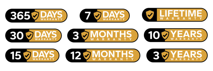 Warranty years months days hours logo, badge, icon, sticker, label, emblem, stamp, symbol, black, golden, flat vector, isolated illustration.