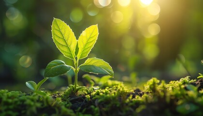 Green leaf with sunlight, bokeh background, new sprout on mossy ground in spring forest, World Wildlife Day banner