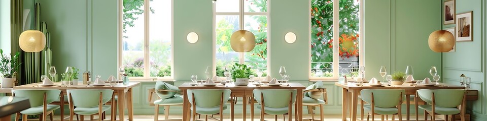 Elegant dining room with soft mint green walls, light wood furniture, and soft lighting. Large windows offering garden views.