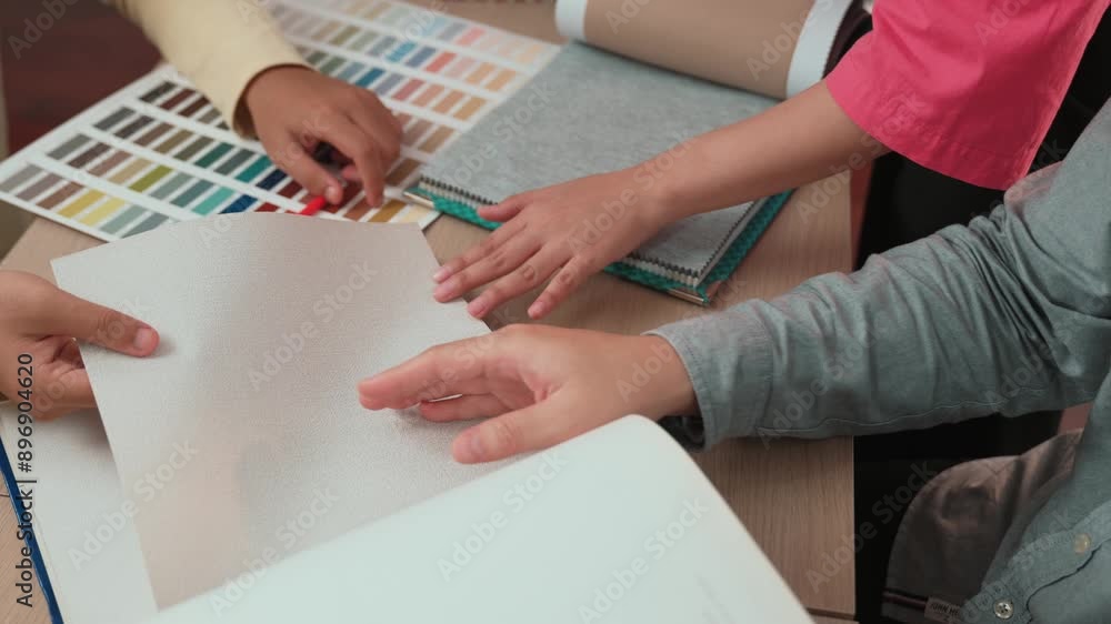 Poster hand closeup architect and interior designer presenting textile material and color from color palett