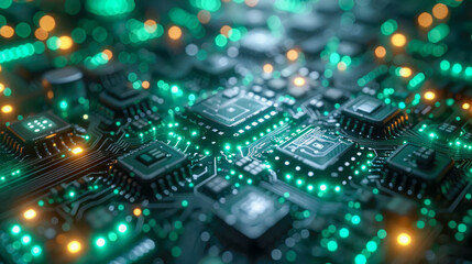 Obraz premium Close-up of a futuristic circuit board glowing with green and blue lights