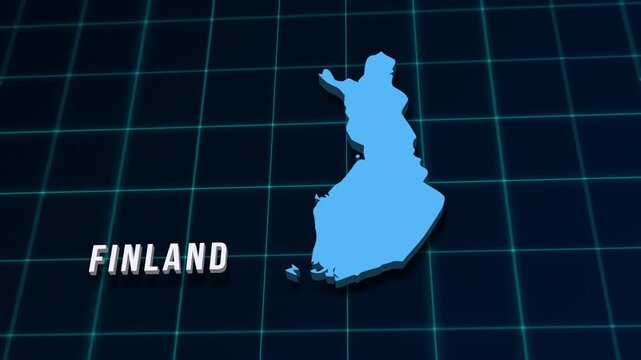 Finland digital geographic map 3d video on coordinates grid. European Scandi country geographic background 4K animation