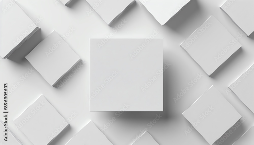 Aufkleber square card mockup template 3d render of blank white cards on light background, top view with shadow