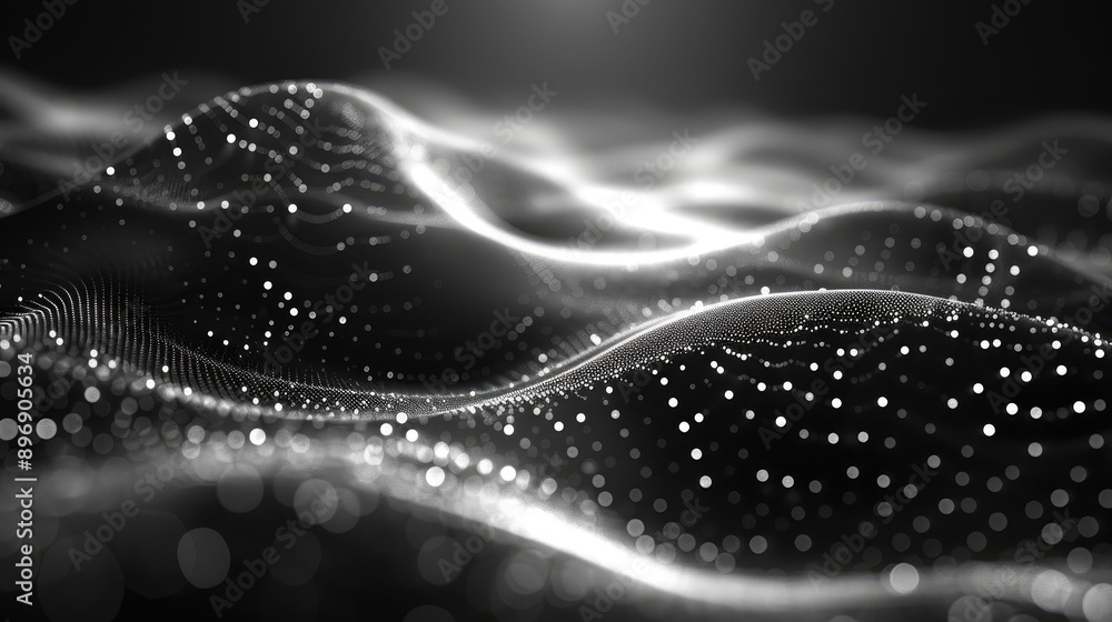Poster black background with a gradient of light gray, featuring an abstract pattern composed of tiny dots 