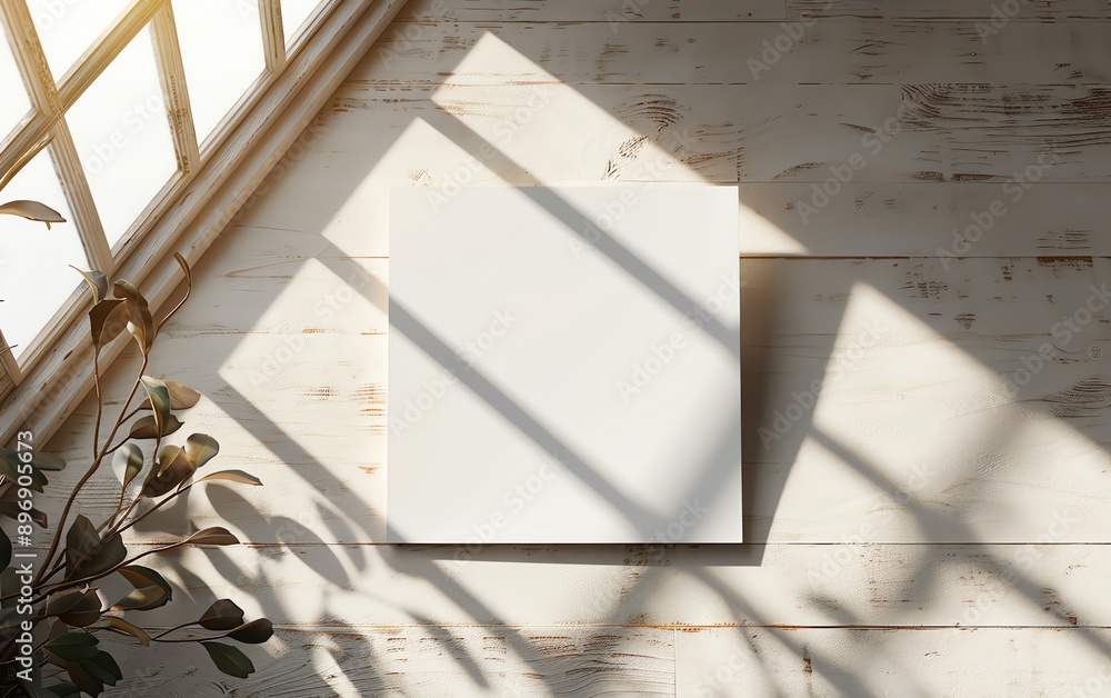 Aufkleber blank square card template 3d render on light background, top view mockup with soft shadows and focu