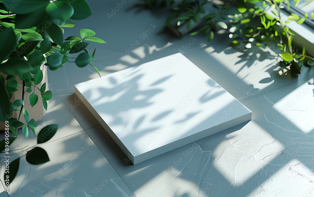 Aufkleber blank square card template 3d render on light background, top view mockup with soft shadows and focu