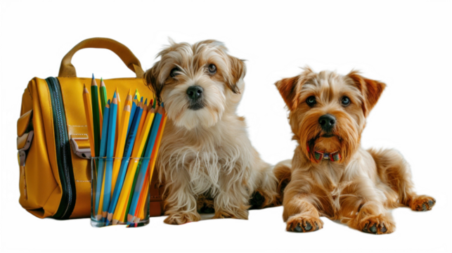 Two cute dogs sitting beside a yellow backpack and a glass of colorful pencils. Transparent background png.