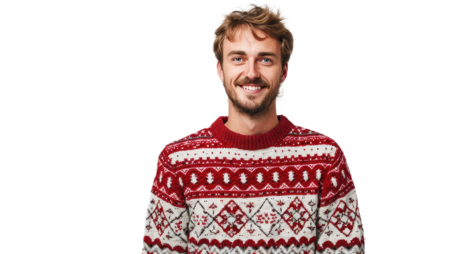 Portrait of a smiling man wearing a red Christmas knitted sweater with festive patterns. Transparent background png. - Powered by Adobe