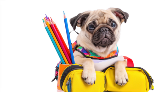 Cute pug dog with a colorful vest, sitting beside a yellow backpack and a bunch of colored pencils. Transparent background png.