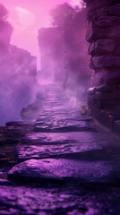 Misty stone path in a purple twilight