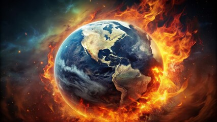 Planet Earth consumed by raging inferno against transparent backdrop symbolizing catastrophic environmental disaster and devastating climate change consequences.