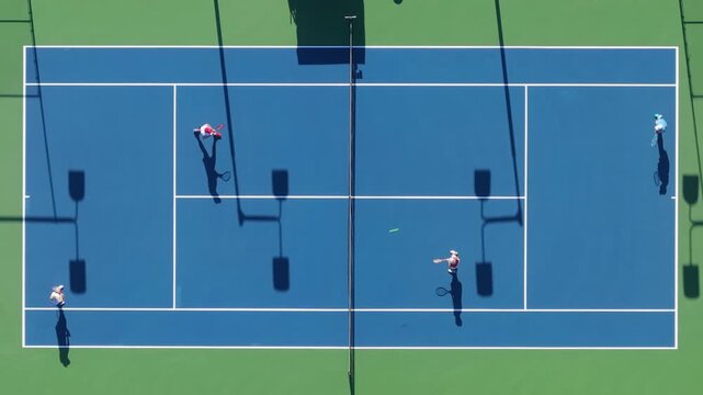 An aerial view of a 4K slowmotion tennis match at sunrise, seeing players competing in doubles game on a blue and green court. The scene is filled with action, energy, teamwork, and skilled athletes