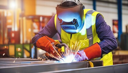 Industrial welder working in a steel factory.