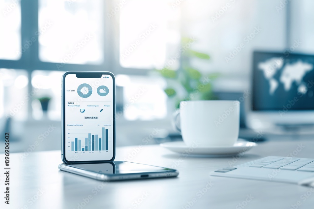 Poster professional office setup with smartphone displaying innovative social media analytics against a sof