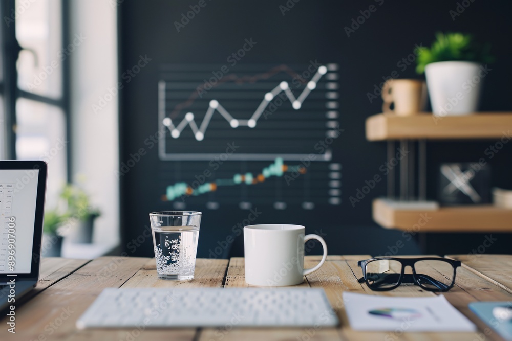 Aufkleber an office with seo graphs and business charts, emphasizing content creation