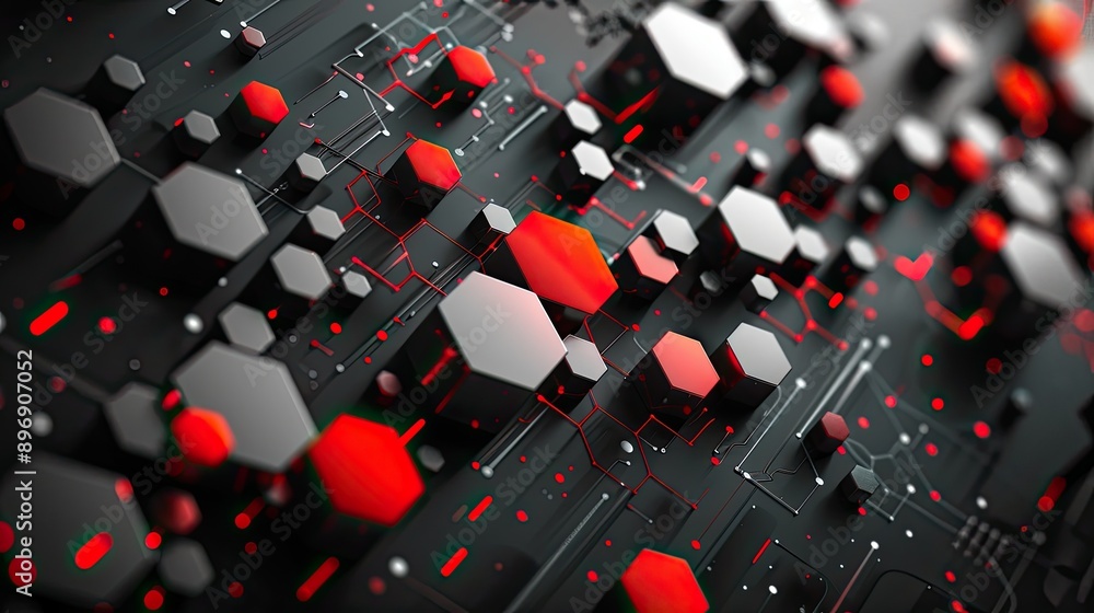 Poster background with hexagon geometric shapes and lines in red, white, grey, creating an abstract