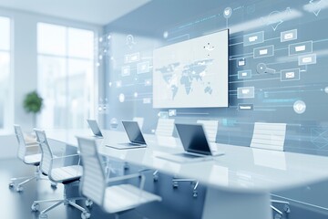A business conference room with email marketing visuals, highlighting increased reach