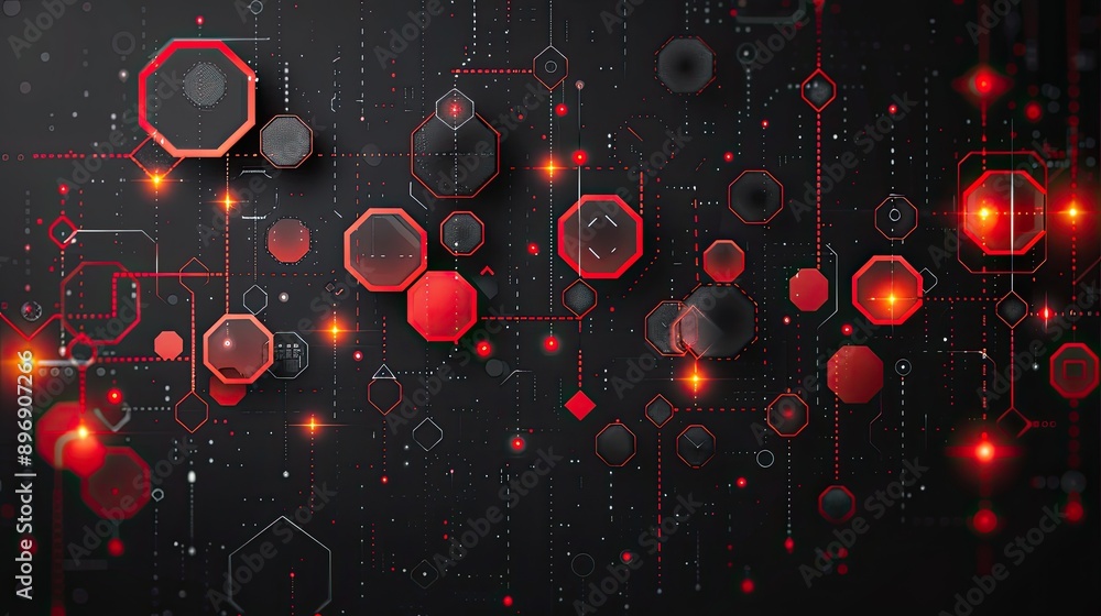 Poster background with hexagon geometric shapes and lines in red, white, grey, creating an abstract