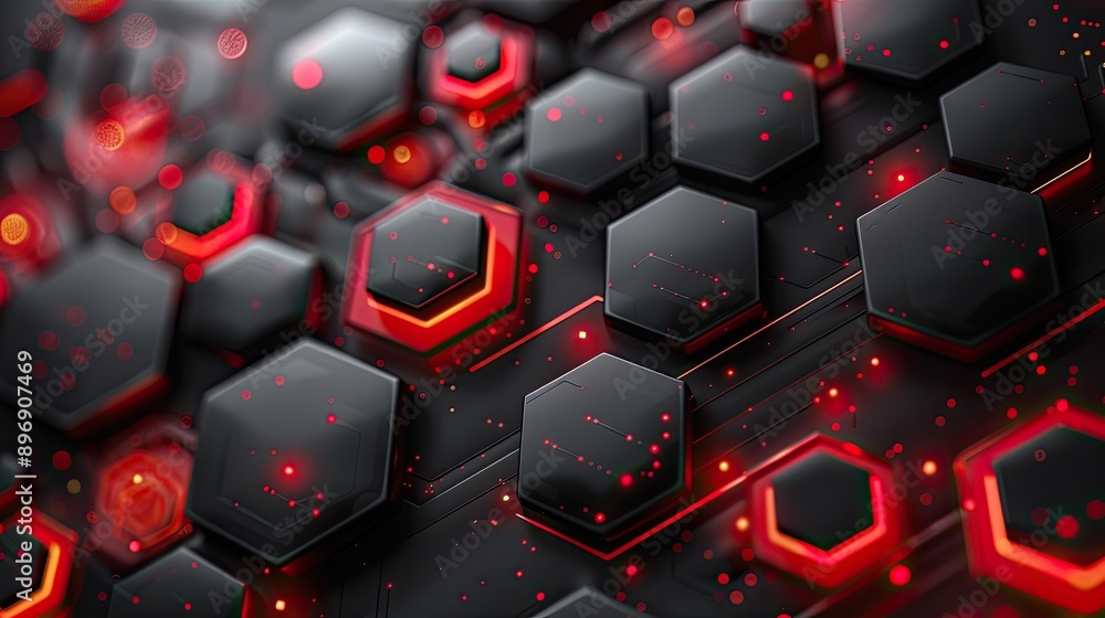 Poster background with hexagon geometric shapes and lines in red, white, grey, creating an abstract