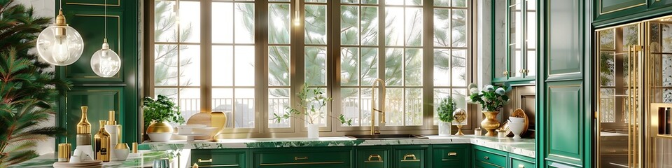 Fototapeta premium Elegant kitchen featuring emerald green cabinets, marble countertops, and brass fixtures. Light floods in through large windows.