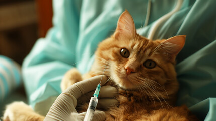 Cat received injections or vaccinations, vaccine, Veterinarian vaccinates the cat, Animal photography