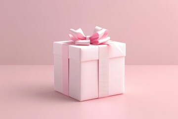 Fototapeta premium A clean 3D rendering of a wrapped gift box with a cute bow, shown in soft pastel colors, placed on a flat surface