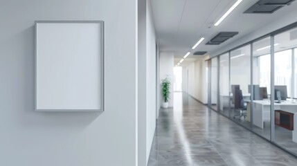 Mockup of an empty white frame on an interior wall of an office building with a corridor background with an office room bordered by glass walls, 3D render, 3D illustration