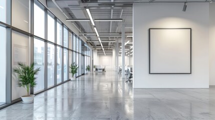 Empty frame mockup on interior wall of office building with office corridor background, 3d render, 3d illustration